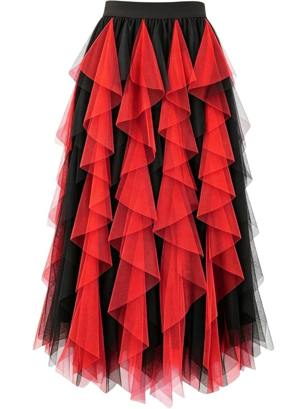 Womens Black Red High Waist Layered Tulle Mesh Ruffle Asymmetric Midi Tutu Skirt